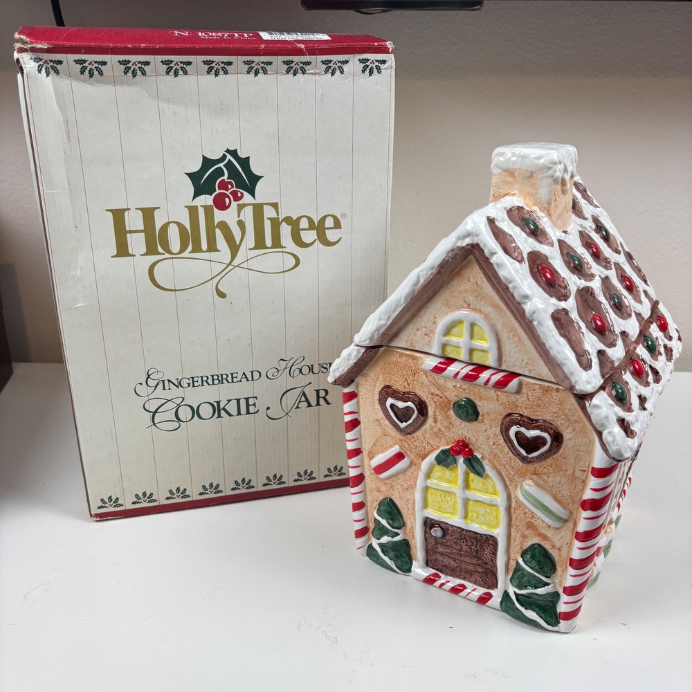Holly Tree Gingerbread House Cookie Jar Ceramic Christmas Decor 1087TP Boxed